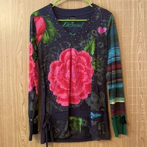 Desigual Long sleeved glitter Rose print shirt cotton top size Small or 6